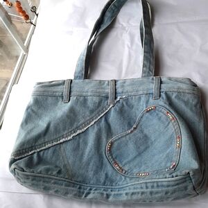 Denim jeans shoulder purse with crystal on heart pocket